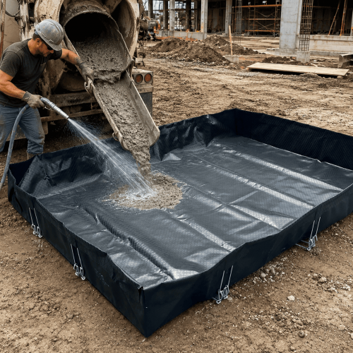 RPE Washout Berm - Man washing out concrete chute